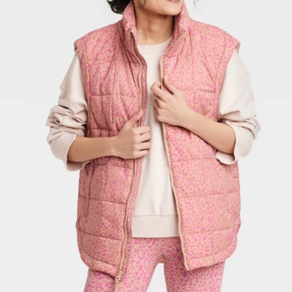 JoyLab Jackets & Blazers - JoyLab Oversized Tan/Pink Animal Print Quilted Vest Women's Size XS